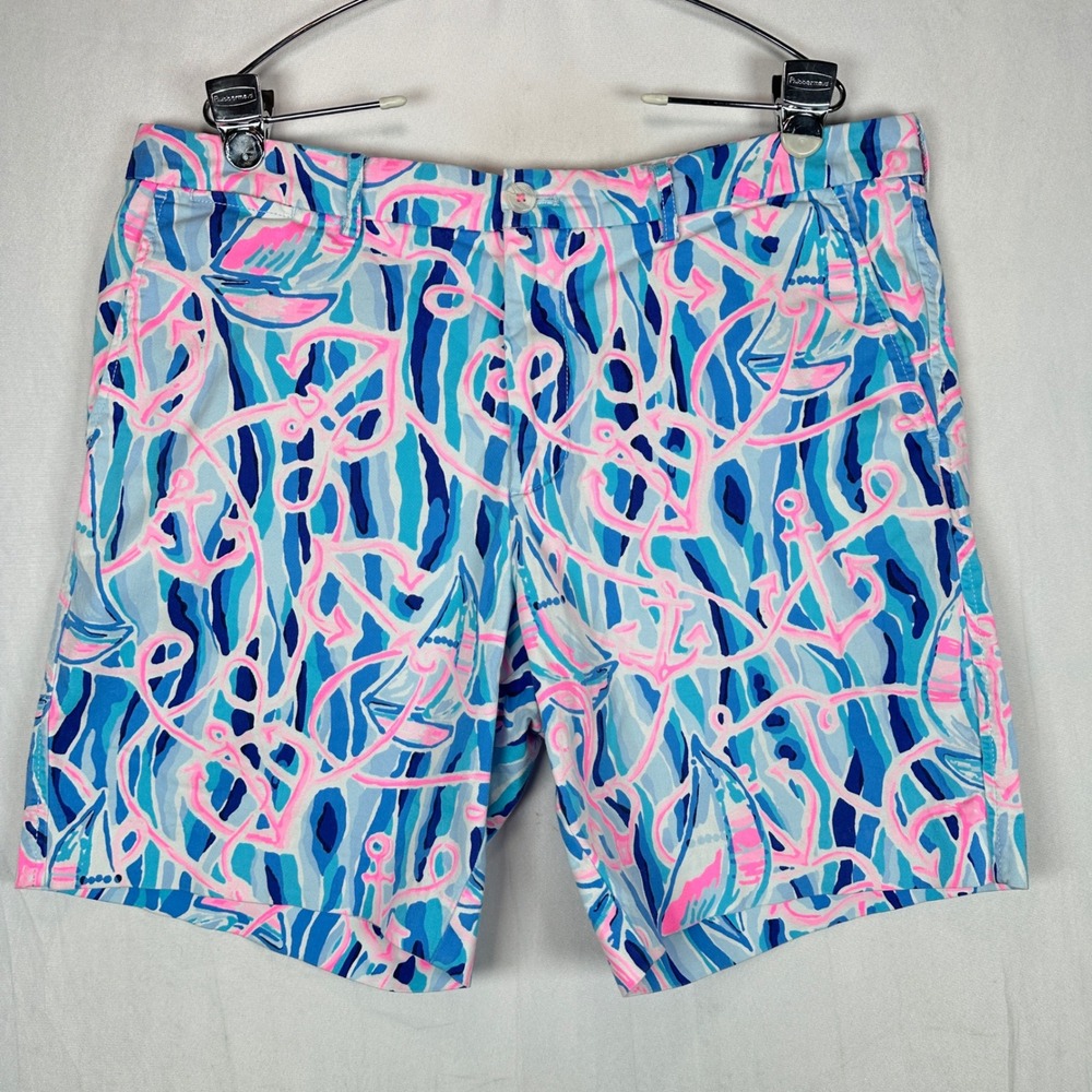 Lilly Pulitzer Beaumont Mens 36 Shorts Blue Pink Anchor Sailboat Nautical Print